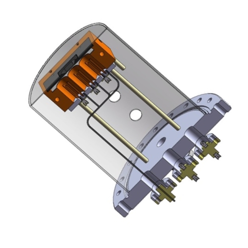 Technical drawing of Bernas (Freeman) type ion source for implantation, retrofitted with 3 ECR plasma cavities