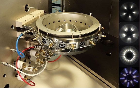 Photo of Ø32cm ion source ring of MBS-24 deposition system, and photos showing different numbers of beams on, and with different intensities